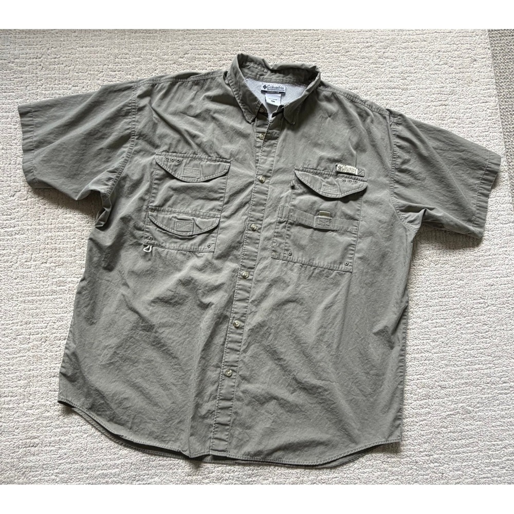 Columbia PFG Mens XL Short Sleeve Fishing Shirt Sage Green Olive Cotton Outdoors